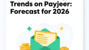 Современная иллюстрация с цифровым балансом Payeer и графиками роста для статьи о розыгрышах.